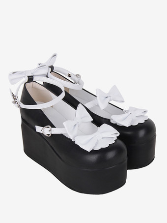 ブラック スイートロリータフットウェア ブラックバタフライツートンPUレザーウェッジヒールロリータパンプス