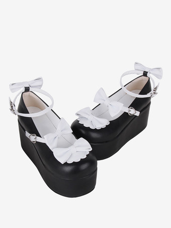 スイートロリータフットウェア ブラックバタフライツートンPUレザーウェッジヒールロリータパンプス