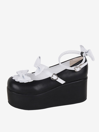 スイートロリータフットウェア ブラックバタフライツートンPUレザーウェッジヒールロリータパンプス