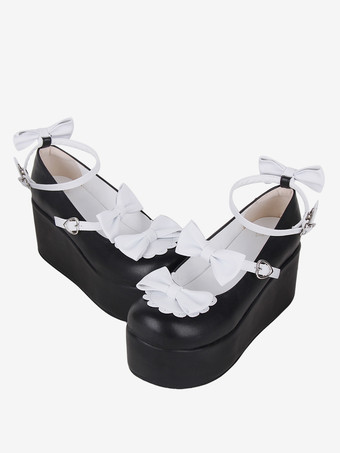 スイートロリータフットウェア ブラックバタフライツートンPUレザーウェッジヒールロリータパンプス