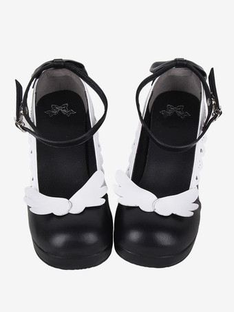 スイートロリータフットウェア ブラック リボン ラウンドトゥ PUレザー ロリータシューズ