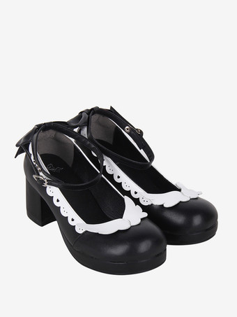 スイートロリータフットウェア ブラック リボン ラウンドトゥ PUレザー ロリータシューズ