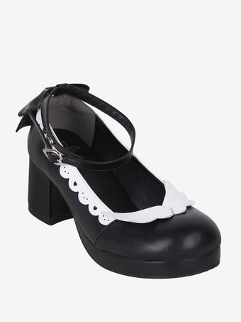 スイートロリータフットウェア ブラック リボン ラウンドトゥ PUレザー ロリータシューズ