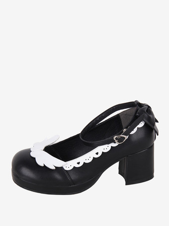 ブラック スイートロリータフットウェア ブラック リボン ラウンドトゥ PUレザー ロリータシューズ