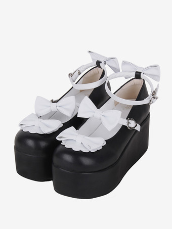 スイートロリータフットウェア ブラックバタフライツートンPUレザーウェッジヒールロリータパンプス