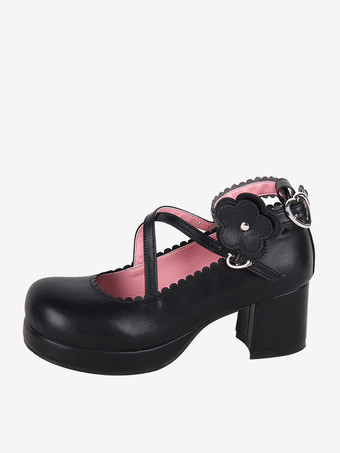 ブラック スイートロリータフットウェア ブラック リボンアップリケ ラウンドトゥ PUレザー ロリータシューズ