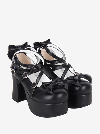 ブラック スイートロリータフットウェア ブラック リボン ラウンドトゥ PUレザー ロリータシューズ