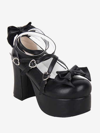 スイートロリータフットウェア ブラック リボン ラウンドトゥ PUレザー ロリータシューズ