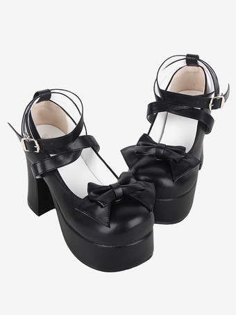 スイートロリータフットウェア ブラック リボン ラウンドトゥ PUレザー ロリータシューズ