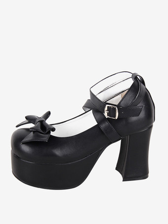 ブラック スイートロリータフットウェア ブラック リボン ラウンドトゥ PUレザー ロリータシューズ
