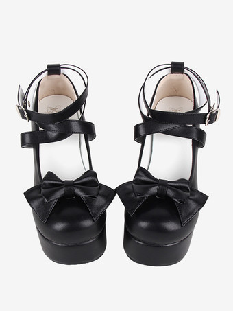 スイートロリータフットウェア ブラック リボン ラウンドトゥ PUレザー ロリータシューズ