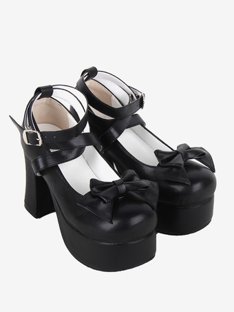 スイートロリータフットウェア ブラック リボン ラウンドトゥ PUレザー ロリータシューズ