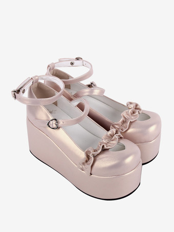 スイートロリータフットウェアヌードハート柄バタフライラウンドトゥPUレザーロリータシューズ