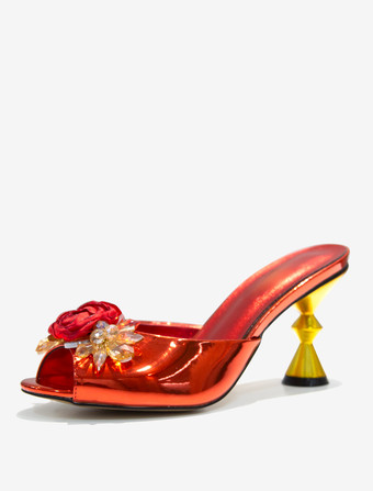 レッド レディース フラワー ラウンドトゥ PUレザー スライドサンダル 特殊形状ヒール レッド