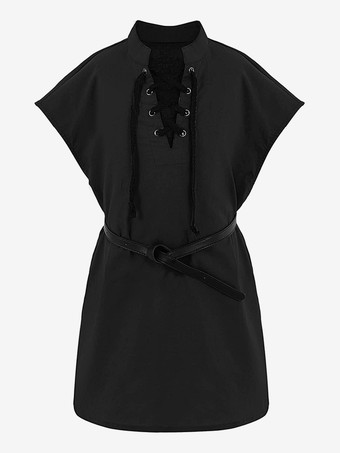 ブラック カーキ ヴィンテージ トップ レトロ レースアップ ノースリーブ ポリエステル トップ レトロ コスチューム 男性用 バーガンディ