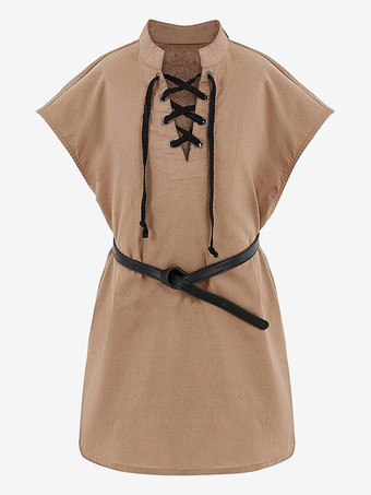 カーキ カーキ ヴィンテージ トップ レトロ レースアップ ノースリーブ ポリエステル トップ レトロ コスチューム 男性用 バーガンディ