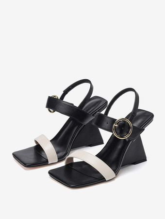 Black+WhiteWomen's Slip-On PU Leather Wedge Sandals In