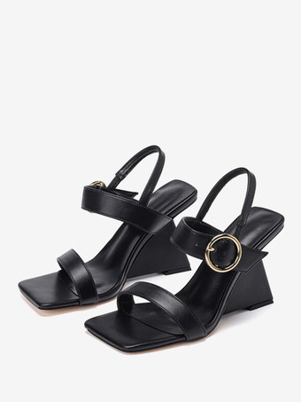 Black Women's Slip-On PU Leather Wedge Sandals In