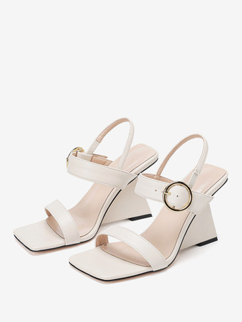 White Women's Slip-On PU Leather Wedge Sandals In