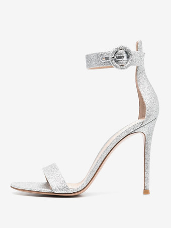 シルバー レディースヒールサンダル ラウンドトゥ スティレットヒールサンダル PUレザー