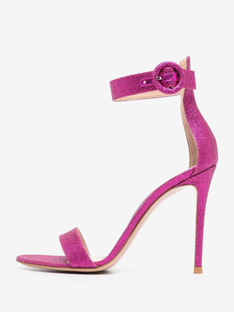 ローズレッドレディースヒールサンダル ラウンドトゥ スティレットヒールサンダル PUレザー