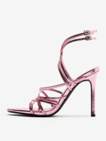 ピンクレディースヒールサンダル スティレットヒール PUレザーサンダル