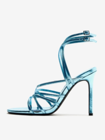 ライトスカイブルーレディースヒールサンダル スティレットヒール PUレザーサンダル