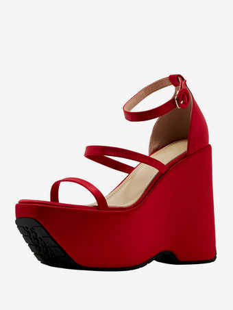 レッド レディース スリッポン サテン ウェッジサンダル