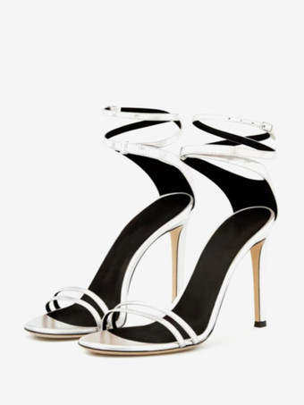 シルバー レディースヒールサンダル スティレットヒール PUレザーサンダル