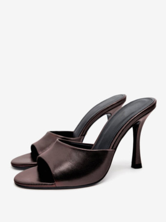 Coffee BrownWomen's Slide Sandals PU Leather Round Toe Stiletto Heel Slippers