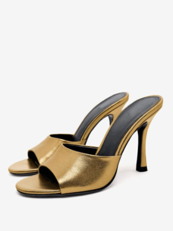 GoldWomen's Slide Sandals PU Leather Round Toe Stiletto Heel Slippers