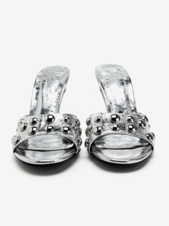 レディース スライドサンダル PUレザー ラウンドトゥ スティレットヒール スリッパ