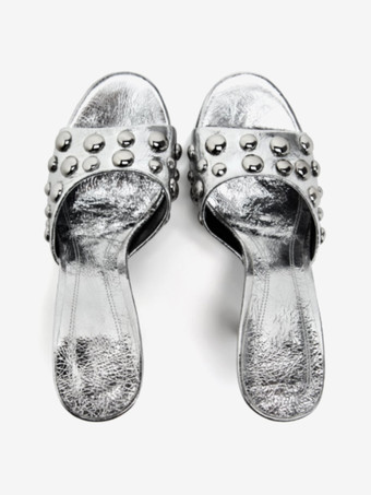 レディース スライドサンダル PUレザー ラウンドトゥ スティレットヒール スリッパ