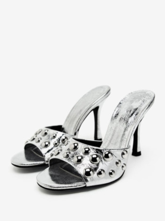 シルバー レディース スライドサンダル PUレザー ラウンドトゥ スティレットヒール スリッパ