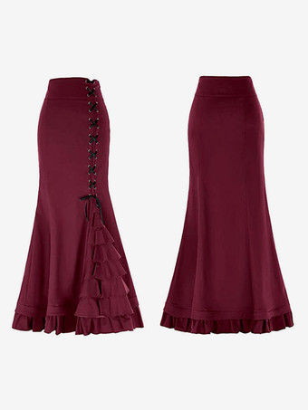 レッド 赤いレトロコスチューム レディース ポリエステルスカート マリーアントワネットコスチュームスカート レトロ仮面舞踏会ドレス バーガンディ