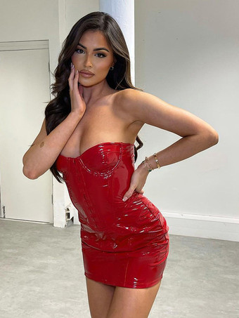 クラブドレス レディース ストラップレス シック ボタン ノースリーブ PUレザー オープンショルダー レッド セクシードレス