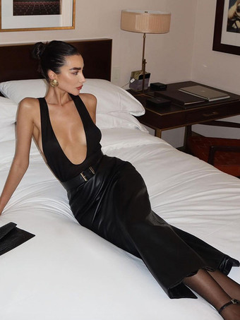 パーティードレス ブラック Vネック サッシュ ノースリーブ セミフォーマルドレス