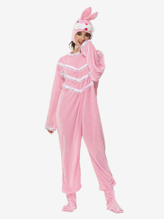 ピンク着ぐるみパジャマ ワンジー 動物 大人用 ピンク ポリエステル ジャンプスーツ 帽子 着ぐるみ コスチューム