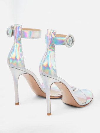 レディースヒールサンダル メタリックオープントゥ アンクルストラップサンダルシューズ