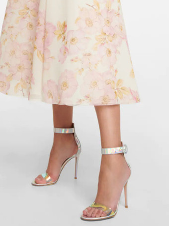 レディースヒールサンダル メタリックオープントゥ アンクルストラップサンダルシューズ