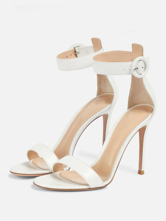 ホワイト ブラックドレスサンダル オープントゥ スティレットヒール アンクルストラップ パーティーシューズ