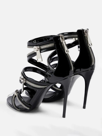 ブラックヒールサンダル ジッパーディテール ストラップハイヒールサンダル
