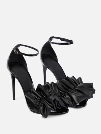 Zapatos de vestir negros Zapatos de fiesta con correa en el tobillo y tacón de aguja con lazo fruncido