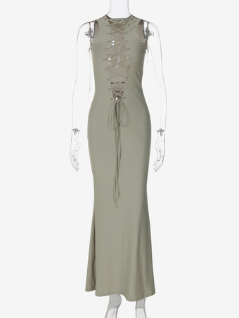 クラブドレス ジュエルネック セクシー レースアップ ノースリーブ ポリエステル カップレス グリーン セクシードレス