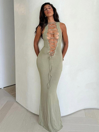 クラブドレス ジュエルネック セクシー レースアップ ノースリーブ ポリエステル カップレス グリーン セクシードレス