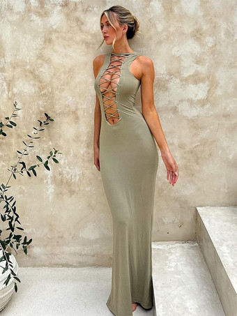 クラブドレス ジュエルネック セクシー レースアップ ノースリーブ ポリエステル カップレス グリーン セクシードレス