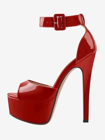 レッド セクシーなヒールサンダル プラットフォーム オープントゥ アンクルストラップ サンダル シューズ