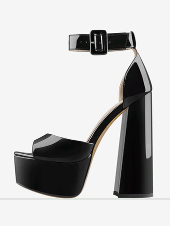 ブラック セクシーなハイヒールサンダル プラットフォーム オープントゥ バックルディテール アンクルストラップ ブロックヒールサンダル