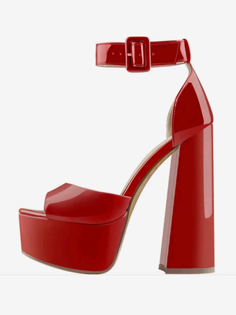 レッド セクシーなハイヒールサンダル プラットフォーム オープントゥ バックルディテール アンクルストラップ ブロックヒールサンダル