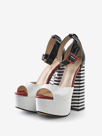 セクシーなハイヒールサンダル プラットフォーム オープントゥ バックルディテール アンクルストラップ ブロックヒールサンダル